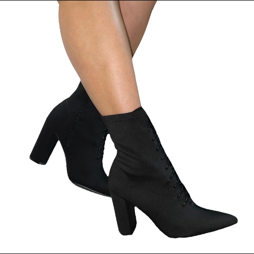 ✨ Bamboo Black Ribbon Corset Lace-Up Booties W/Chunky Block Heel Pointed Toe